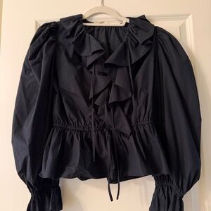 Ulla Johnson, Black, long sleeve, v-neck ruffle cotton blouse. Size 2